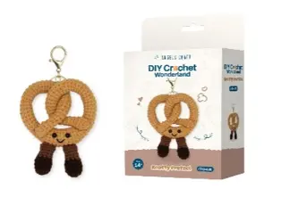 DIY Crochet Kit - Knotty Pretzel, Includes: Yarn, Stuffing, Plastic Eyes, Crochet hook, Plastic stitch, Gold Key Chain, Size 3.5x1.5x4.5in