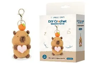 DIY Crochet Kit - Sleepy Capybara, Includes: Yarn, Stuffing, Crochet hook, Plastic stitch, Gold Key Chain, Size: 2.5x3x5.5in