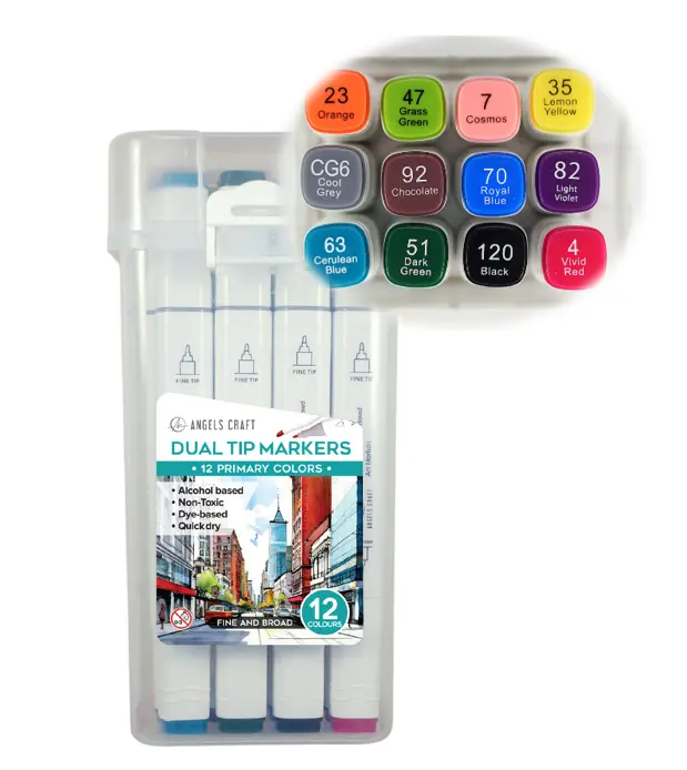 12-Piece Set of Alcohol Dual Tip Markers in Primary Colors