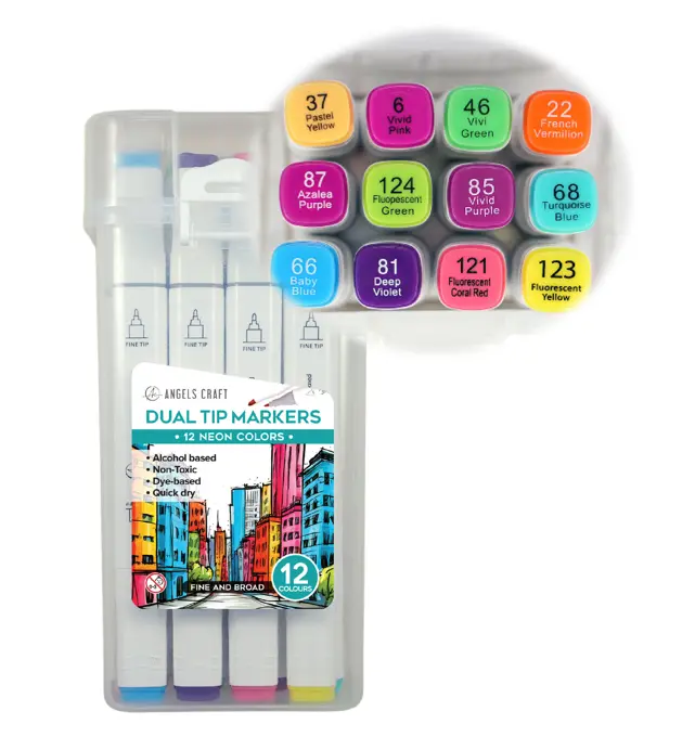 Angels Craft 12-Piece Set of Alcohol Dual Tip Markers in Neon Colors