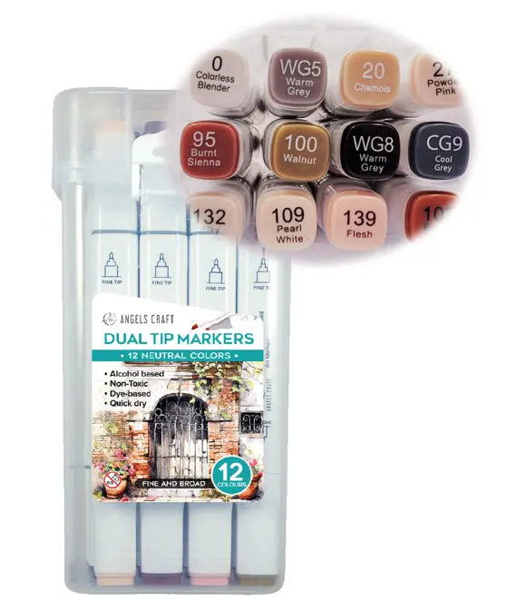 Angels Craft 12-Piece Set of Alcohol Dual Tip Markers in Neutral Colors