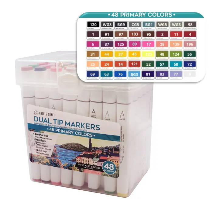 Angels Craft 48-Piece Dual-Tip Alcohol Marker Set, Primary Colors.