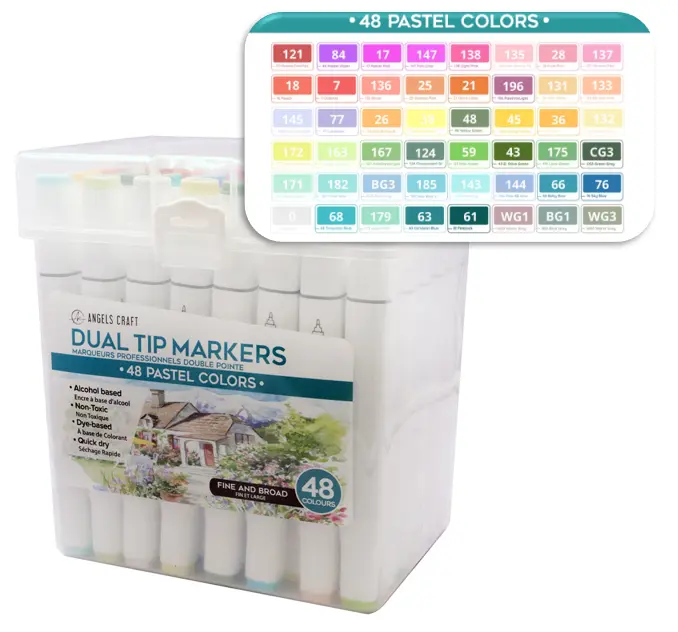 Angels Craft 48-Piece Dual-Tip Alcohol Marker Set, Pastel Colors