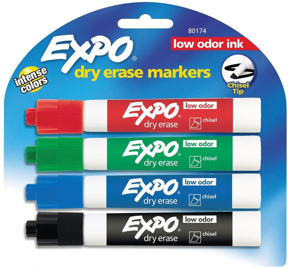 Low Odor Dry Erase Marker, Chisel Tip, Basic Assorted, 4/Set