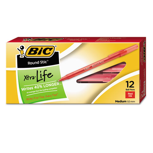 [BIC-GSM11RD] Round Stic Ballpoint Stick Pen, Red Ink, Medium, Dozen