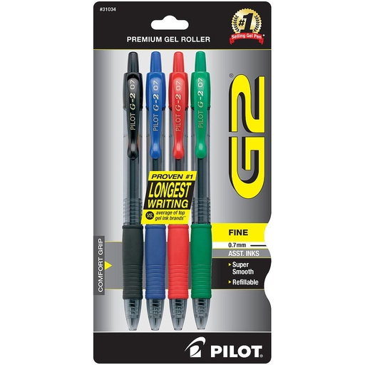 [PIL31034] G2 Gel Ink Rolling Ball, Assorted, 4/Pk