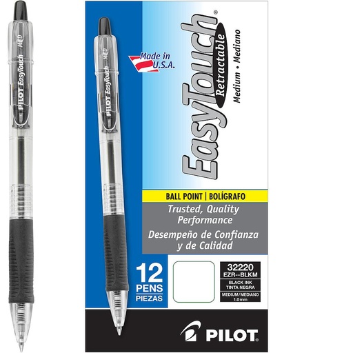 [PIL32220] EasyTouch BallPoint Stick Pen, Black Ink,Retractable 0.1mm, Dozen