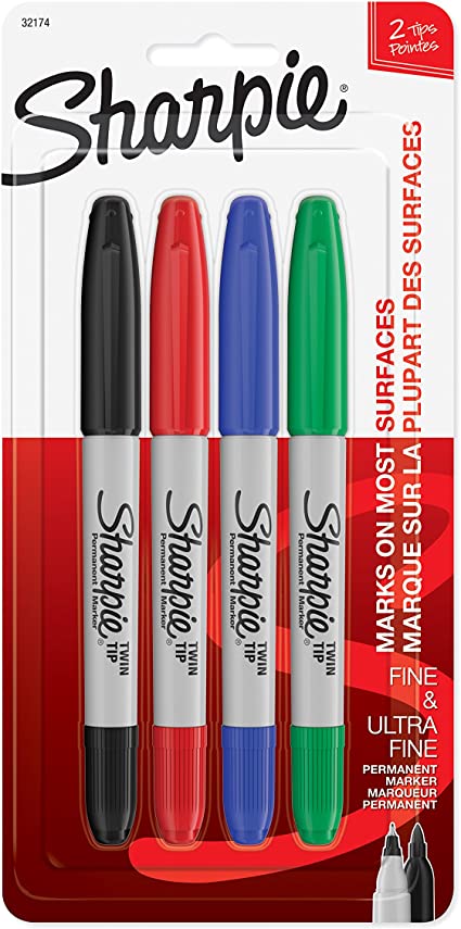 [SAN-32174PP] Sharpie Twin-Tip Permanent Marker, Fine/Chisel Tip, Assorted, 4/Pk