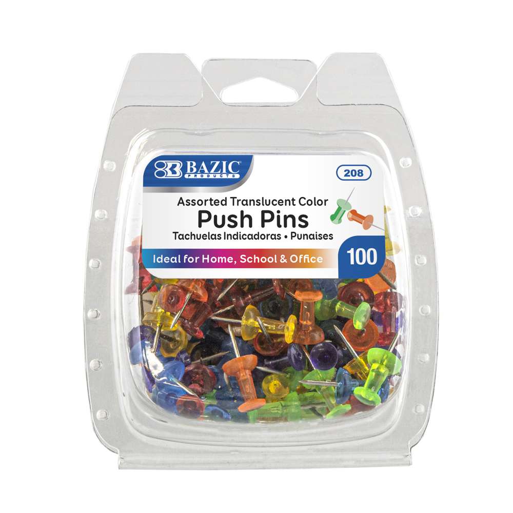 [208] Assorted Translucent Color Push Pins 100/pack