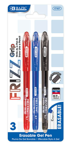 [17107] Frizz Assorted Color Erasable Gel Pen with Grip (3/Pack)