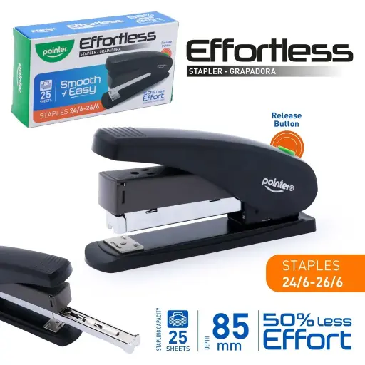 [ST-22149-EN] STAPLER, EFFORTLESS, METALLIC, BLACK, FULL STRIP, 25 SHEETS, 1 PIECE