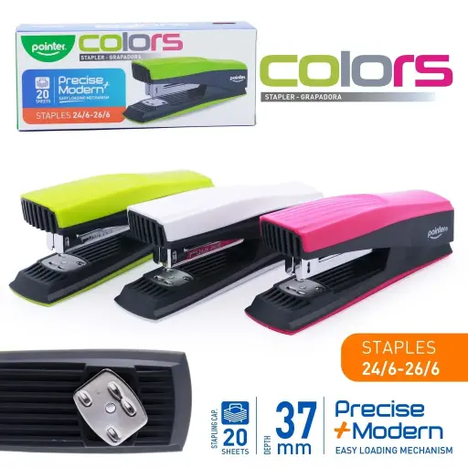 [ST-1602-EN] STAPLER, COLORS, PLASTIC, HALF STRIP, 20 SHEETS, 1 PIECE