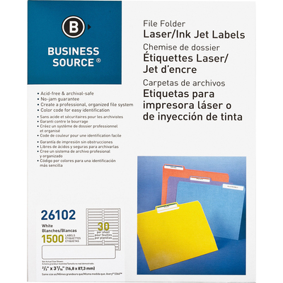 File Folder Labels, Laser/Inkjet, 2/3" x 3 7/16", White, 1500/Pk