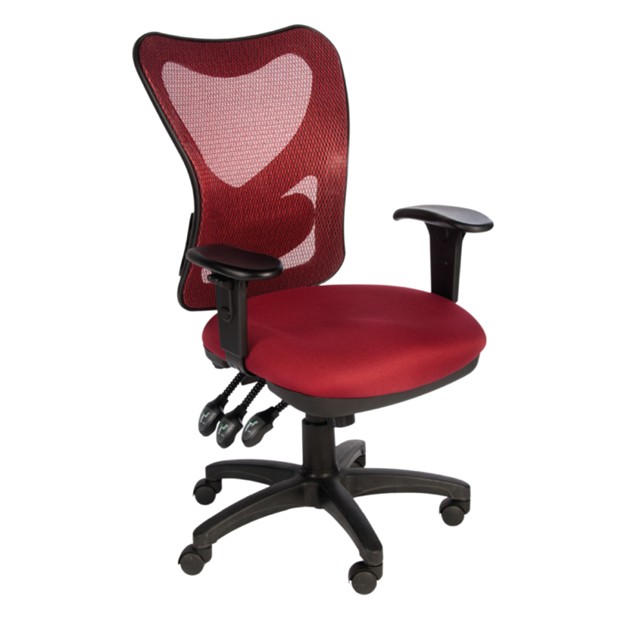 Operational Chair. Fully Articulated, with Seat Glide and Back Height Adjustment. Independent Seat Angle and Back Pitch Control. Six Position Adjustable Arms – Burgundy Mesh Back