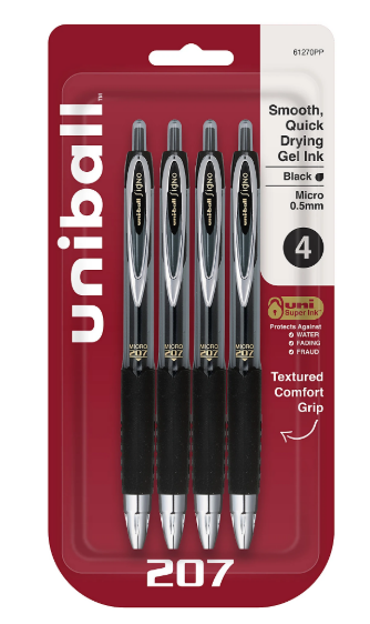 Uni-ball Signo Gel 207 Retractable Gel Pens, Micro Point, 0.5 mm, Black Ink, Pack of 4