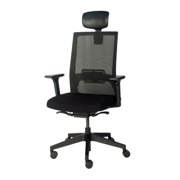 Black frame, synchro mechanism, adjustable lumbar support & arms (optional head rest)
