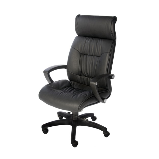 Executive Chair, Rich Cowhide Leather, Knee Tilt Mechanism, Swivel-tilt Lock & Tension Control, Head Rest & Contour Back for Lumbar Support, Regular Base & Armrest. - Black Vinyl