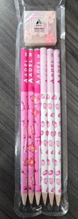 ADEL Sakura Blacklead Pencil, Rounded, 2B, Dipped, with Sakura eraser, 6 pk