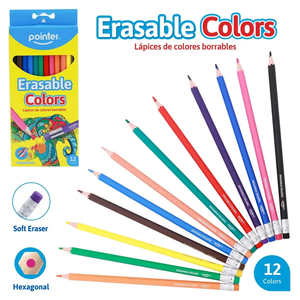COLORED PENCILS, ERASABLE , SET OF 12 COLORS