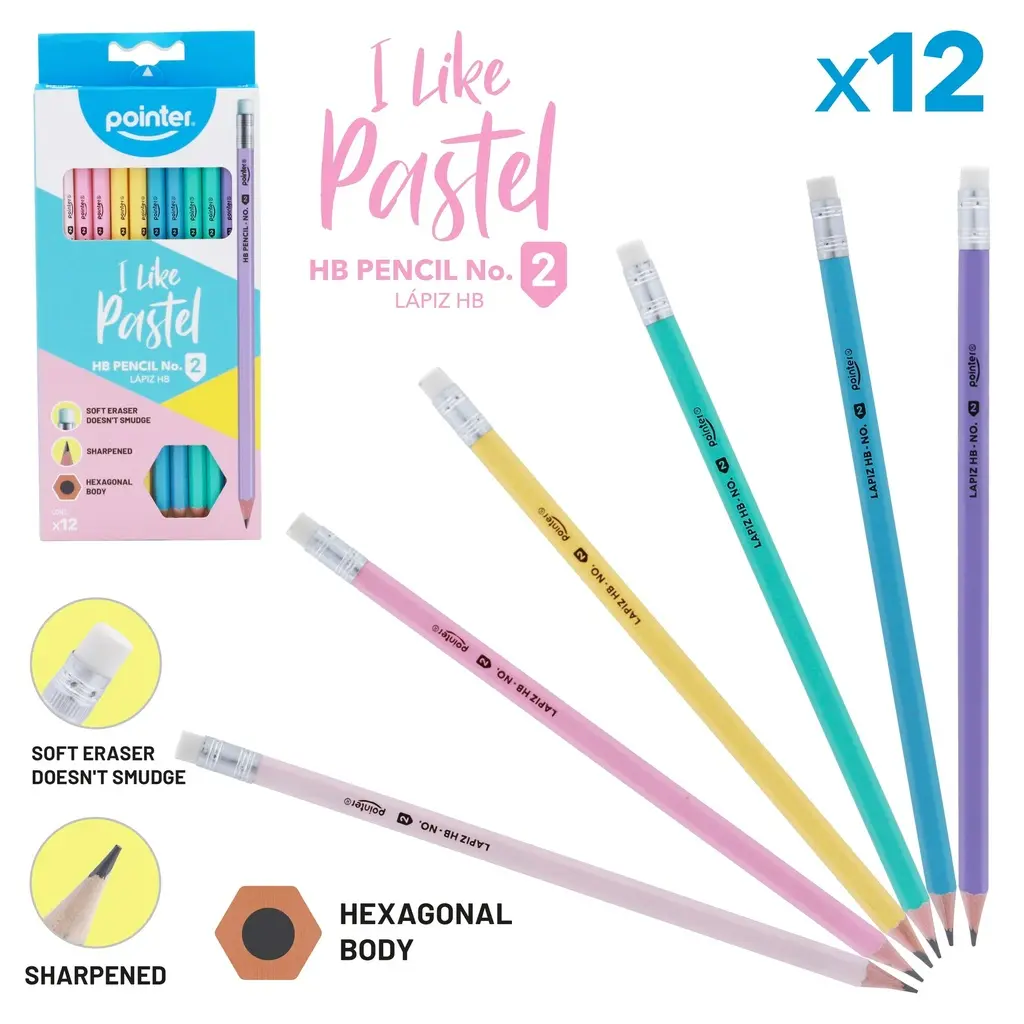 GRAPHITE PENCILS, PASTEL, HEXAGONAL BODY, HB #2, SET OF 12 PIECES