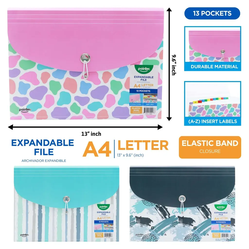EXPANDING ORGANIZER FILE FOLDER A4, 13 POCKETS WITH DECORATIVE LOWER COVER AND ELASTIC BAND CLOSURE, 1 PIECE