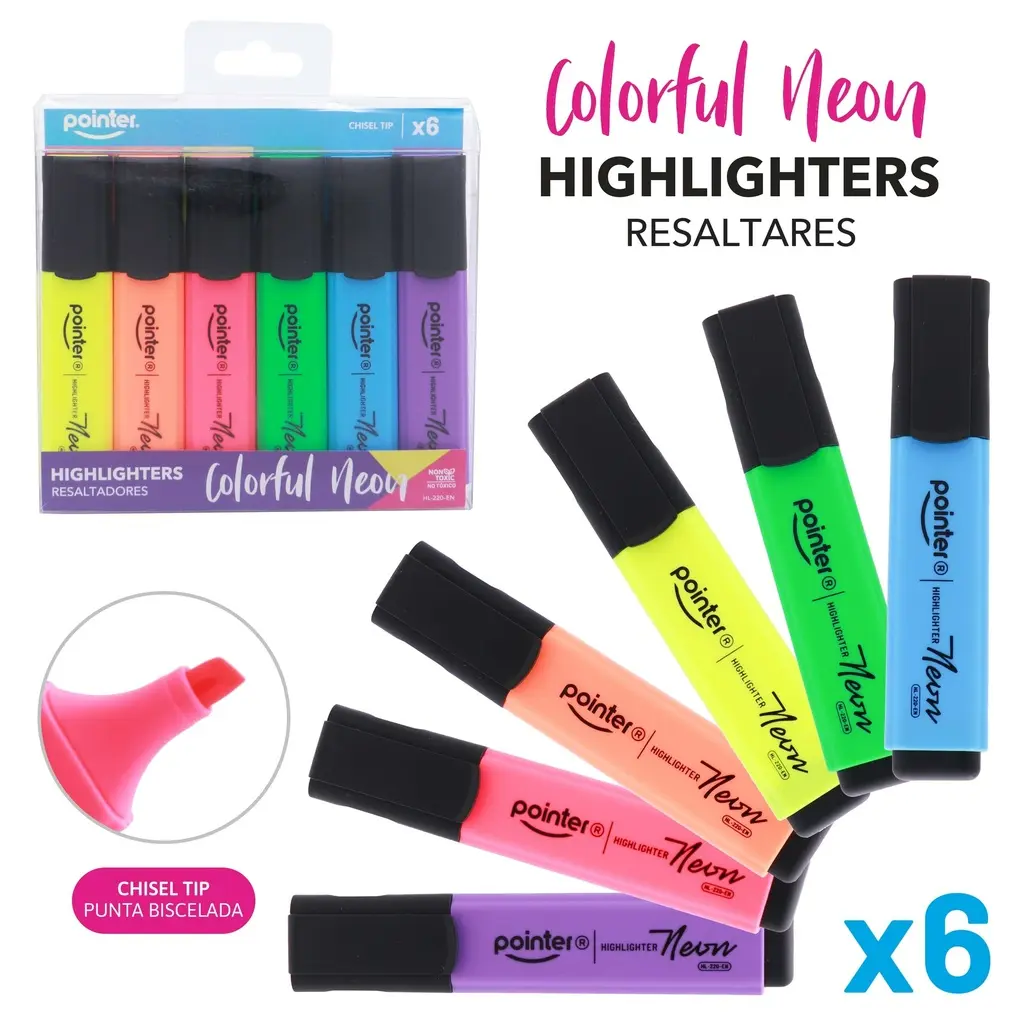 Highlighters, neon, flat body, chisel tip, set of 6 colors