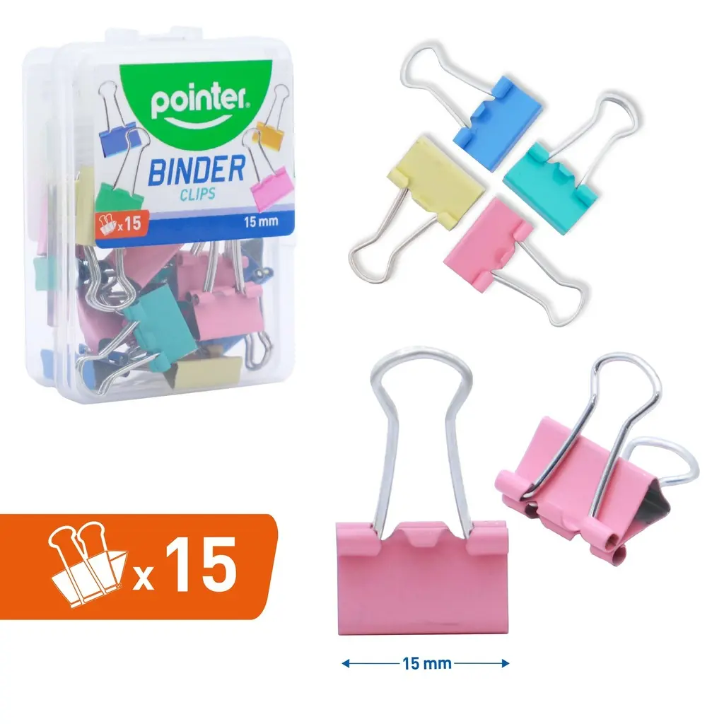 BINDER CLIPS, PASTEL-COLORED, 15MM 5/8", PLASTIC BOX OF 15 PIECES