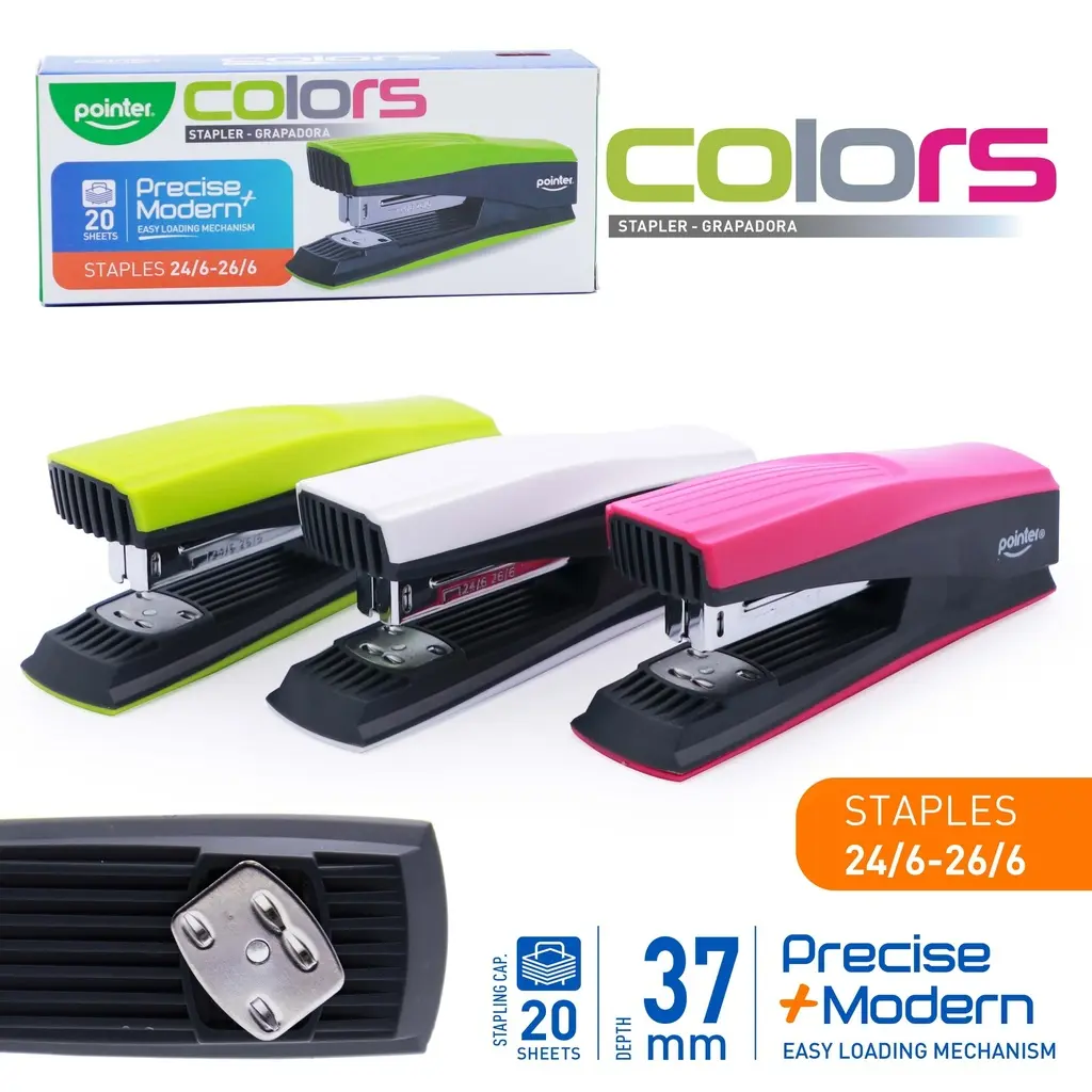 STAPLER, COLORS, PLASTIC, HALF STRIP, 20 SHEETS, 1 PIECE