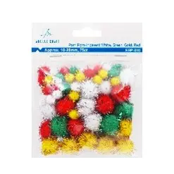 75 ct Pom Poms, Asst. Colors & Sizes Includes: Iridescent White, Red, Green & Gold, Size: 0.39",0.78"