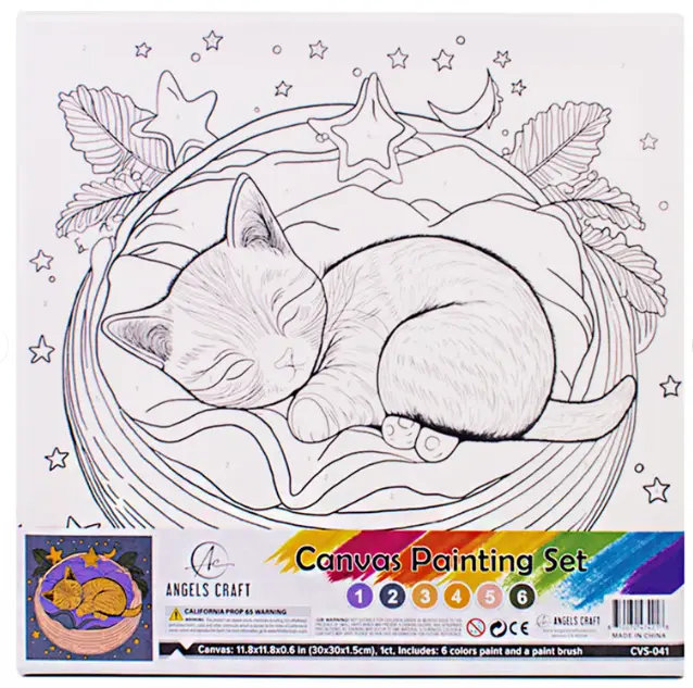 Canvas Paint Set Paint by Number Cat Includes: 1 Wrapped Canvas 280g, + 6 colors of Acrylic Paint + 1 Paint Brush. Size: 11.8" x11.8" x0.67"