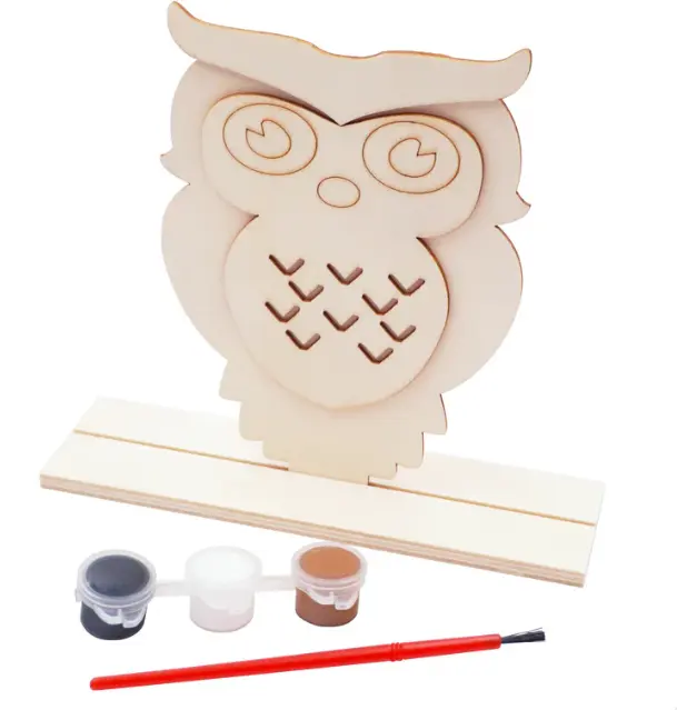 Wooden Painting Set 1 Wooden Owl Shape w/Base 1 Paint Brush + 3 Colors of Tempera Paint Size: 4.3"x5.9"