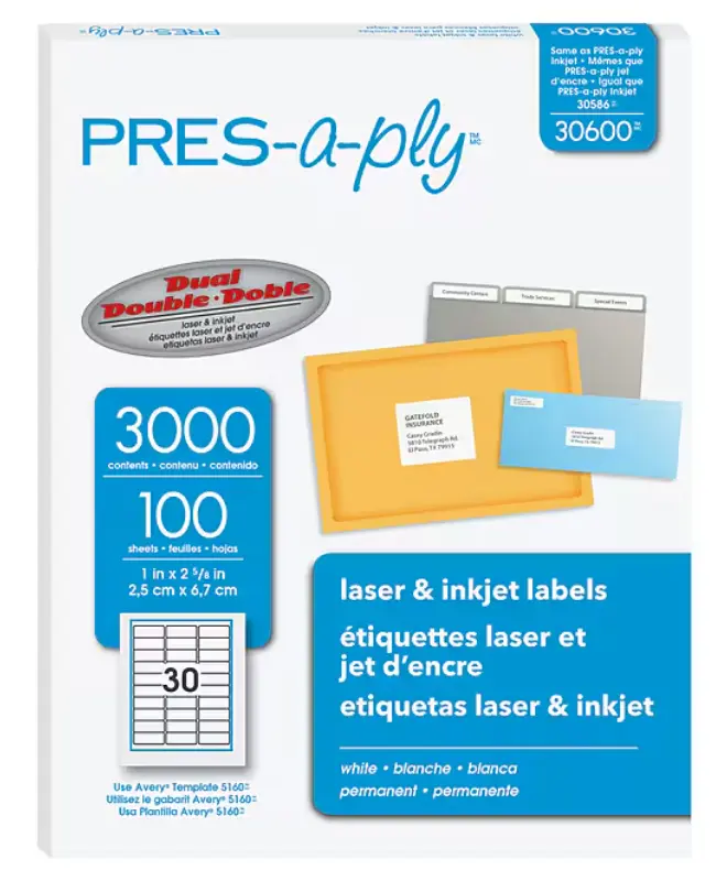 Laser Address Labels, 1 x 2 5/8, White, 3000/box (**)