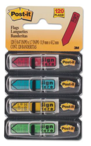 [MMM-684SH] Arrow Message 1/2" Page Flags, "Sign Here", 4 Colors w/Dispensers, 120/Pack