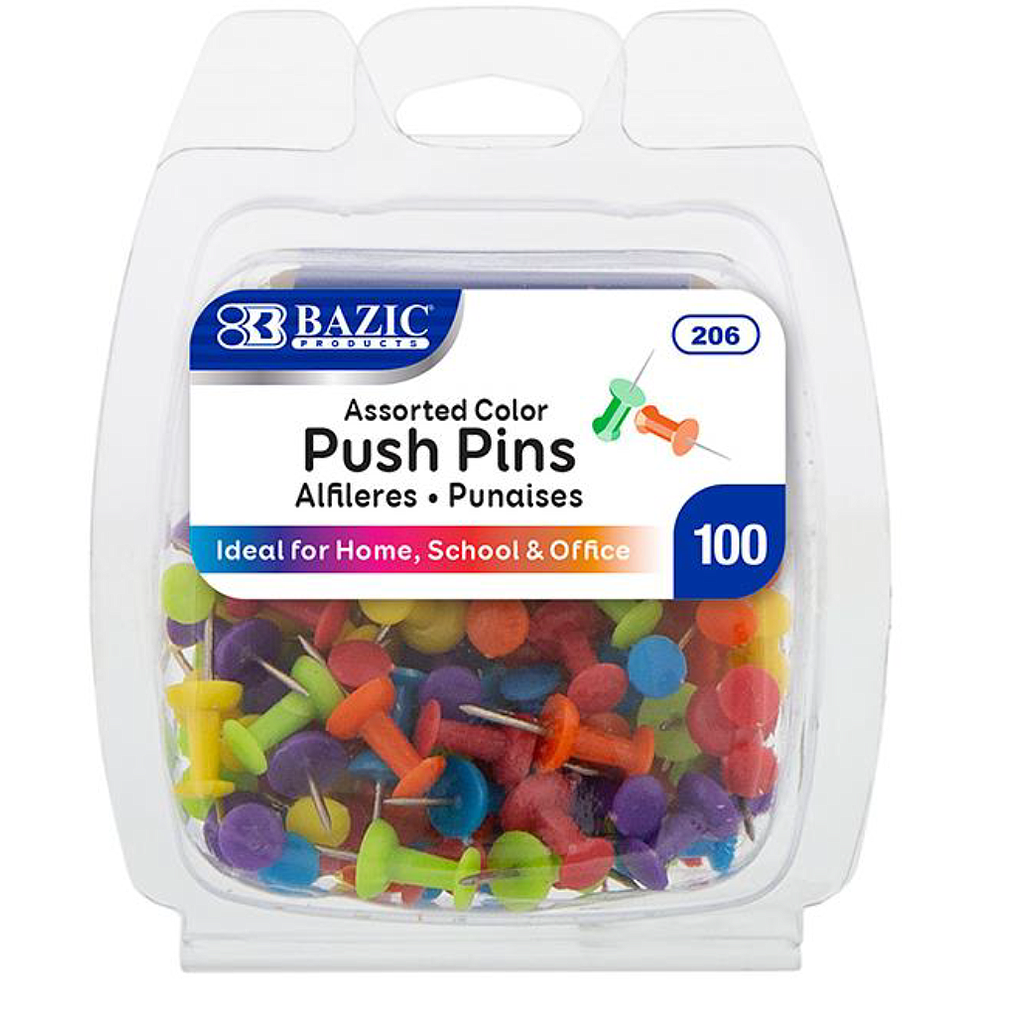 [206] Assorted Color Push Pins, 100/Pack