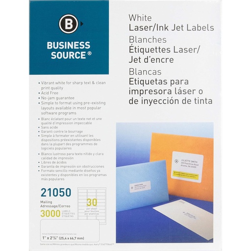 [BSN-21050] Mailing Labels, Laser/Injket, 1" x 2 5/8",  White, 3000/Pk