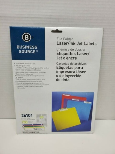 [BSN-26101] File Folder Labels, Laser/Inkjet, 2/3" x 3 7/16", Asstorted, 750/Pk