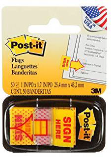 [MMM-680-9] Arrow Message 1" Page Flags, "Sign Here", Yellow, 50-Flag Dispensers (70071383338)