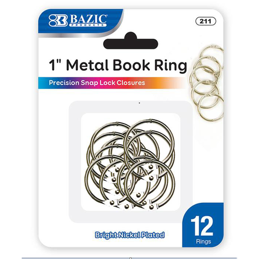 [211] Metal Book Rings, 1", 12/Pk