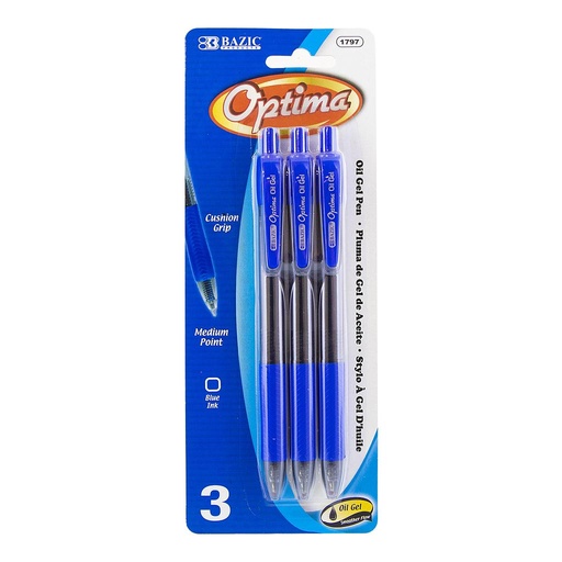 [1797] Optima Blue Oil-Gel Ink Retractable Pen w Grip 3/pack