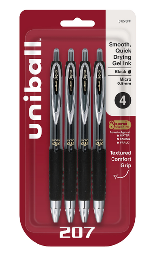 [61270PP] Uni-ball Signo Gel 207 Retractable Gel Pens, Micro Point, 0.5 mm, Black Ink, Pack of 4