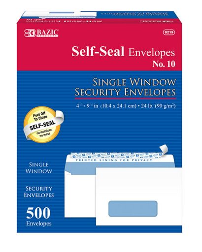 [8219] #10 Self-Seal Security Single Window Envelopes (500/Box)