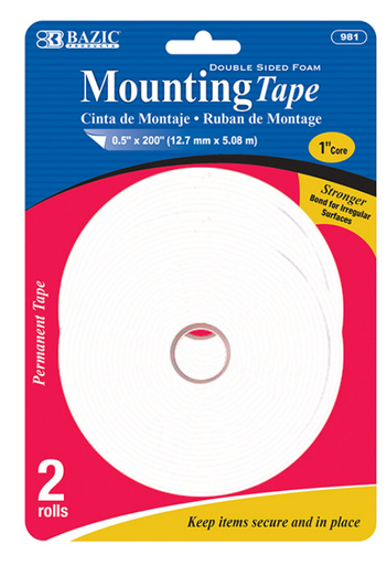 [981] 0.5" X 200" Double Sided Foam Mounting Tape (2/Pack)