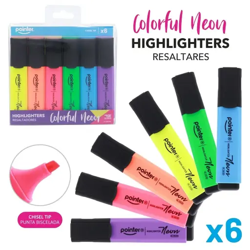 [HL-220-EN] HIGHLIGHTERS, NEON, FLAT BODY, CHISEL TIP, SET OF 6 COLORS 