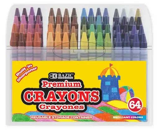 [2521] 64 ct. Premium Crayons in Plastic Storage Box w/ Sharpener