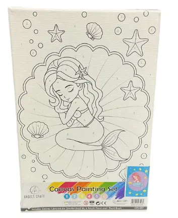 [CVS-051] Canvas Paint Set Paint by Number Mermaid. Includes: 1 Wrapped Canvas 280g, + 6 colors of Acrylic Paint + 1 Paint Brush. Size: 7.5" x11.4"x 0.67".