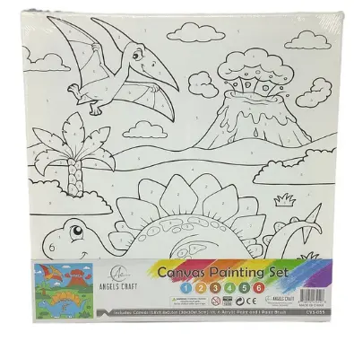 [CVS-055] Canvas Paint Set Paint by Number Dinosaur Includes: 1 Wrapped Canvas 280g, + 6 colors of Acrylic Paint + 1 Paint Brush. Size: 11.8" x11.8" x0.67"
