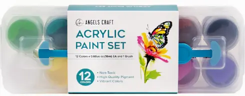 [PNT-070] Acrylic Paint Set in Handing Transparent Box Includes: 12 colors & 1 Brush Size Each: 8ml