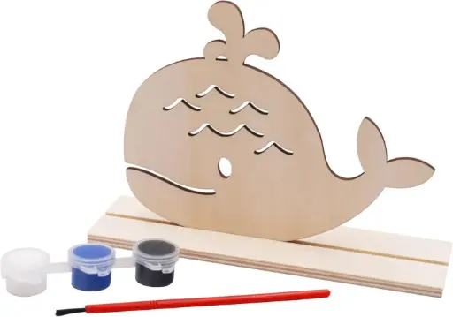 [PNT-049] Wooden Painting Set 1 Wooden Whale Shape w/Base 1 Paint Brush + 3 Colors of Tempera Paint Size: 3.9"x5.1"