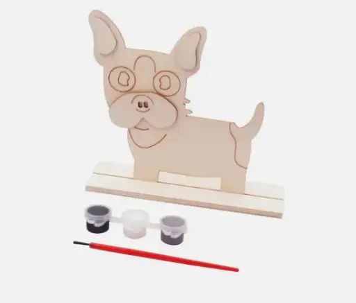 [PNT-050] Wooden Painting Set 1 Wooden Dog Shape w/Base 1 Paint Brush + 3 Colors of Tempera Paint Size: 5.9x5.9"