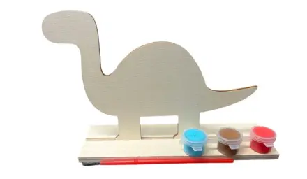 [PNT-047] Wooden Painting Set 1 Wooden Dino Shape w/Base 1 Paint Brush + 3 Colors of Tempera Paint Size: 6.7"x4.7"
